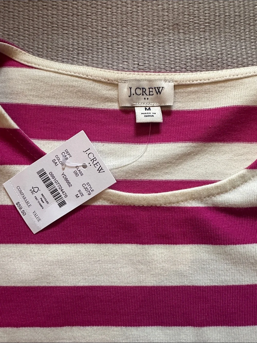 NWT J. Crew Cream and Fuchsia Striped Short Sleeve Top with Shoulder Buttons